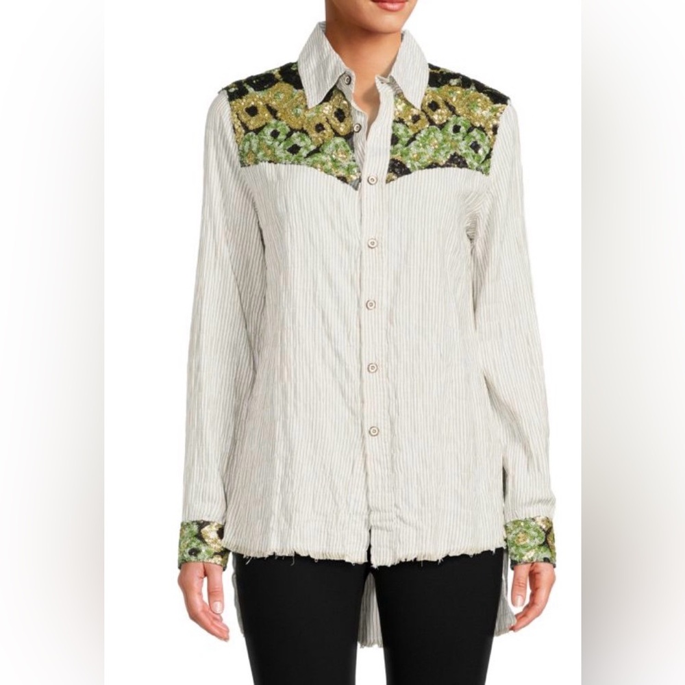 ETIENNE MARCEL Green & Black Embellished Sequin Button-Down Top NWT XS
